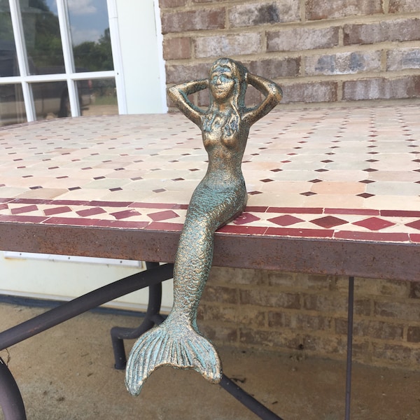 10” Cast Iron Nautical Sitting Mermaid Statue Sitting Verdigris Green Gold Beach House