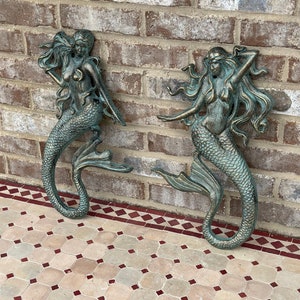 Pair - Set Of 2 - Large 17” Cast Iron Nautical Mermaid Plaque Wall Hanging Rustic Verdigris Green Blue Beach House