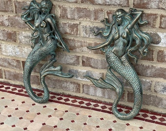 Pair - Set Of 2 - Large 17” Cast Iron Nautical Mermaid Plaque Wall Hanging Rustic Verdigris Green Blue Beach House