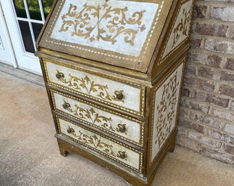 Vintage Italian Florentine Gold Drop Front Chest Secretary Furniture Hollywood Regency