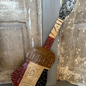 Metal Tag Art Guitar - Rustic Vintage Antique Style Wall Art