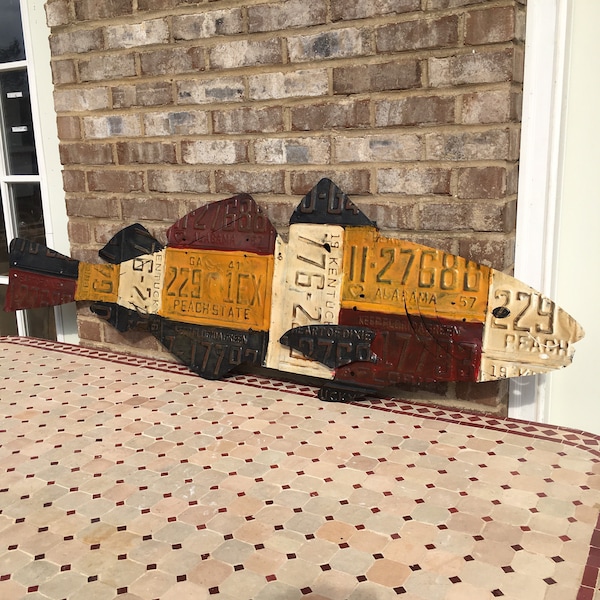 Large Metal Tag Art Fish Wall Decor - Rustic Cabin Lake House Southern States Salmon Trout