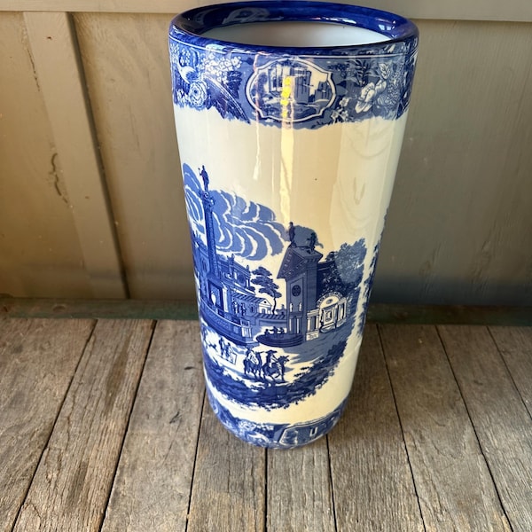 Beautiful Ironstone Umbrella Stick Stand - NEW White Blue Townscape Motif 18” Flo Blue Style