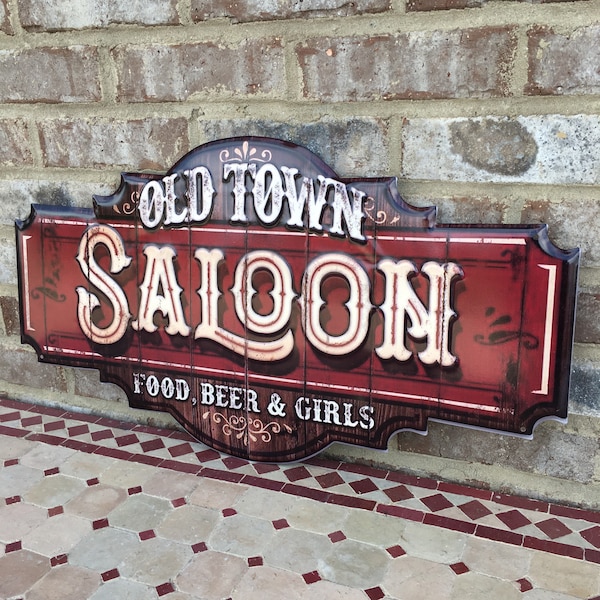 Antique Style Old Town Saloon Food Beer Girls Metal Sign Man Cave Western Gift Bar