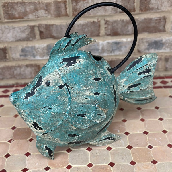 Unique Metal Fish Shaped Watering Can Rustic Primitive Antique Style Art Display