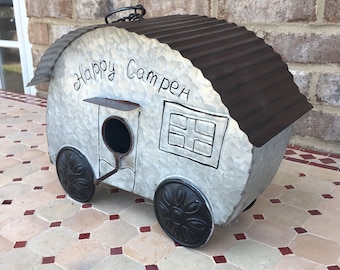 Happy Camper Galvanized Metal Birdhouse Vintage Style Motorhome Trailer Cute