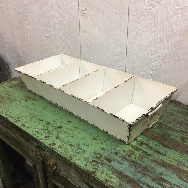 Rustic Divided Metal 4 Section Tray Distressed White Display Holder Farmhouse Antique Vintage Style