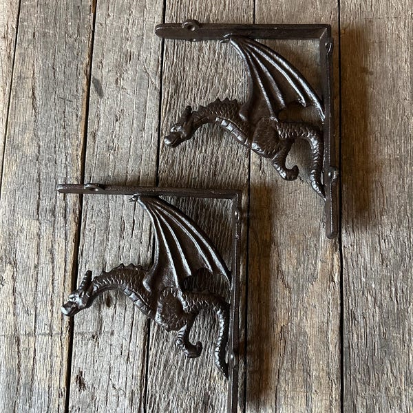 Set Of 2 - Cast Iron Dragon Wall Mount Brackets Gothic Mythical Medieval Shelf