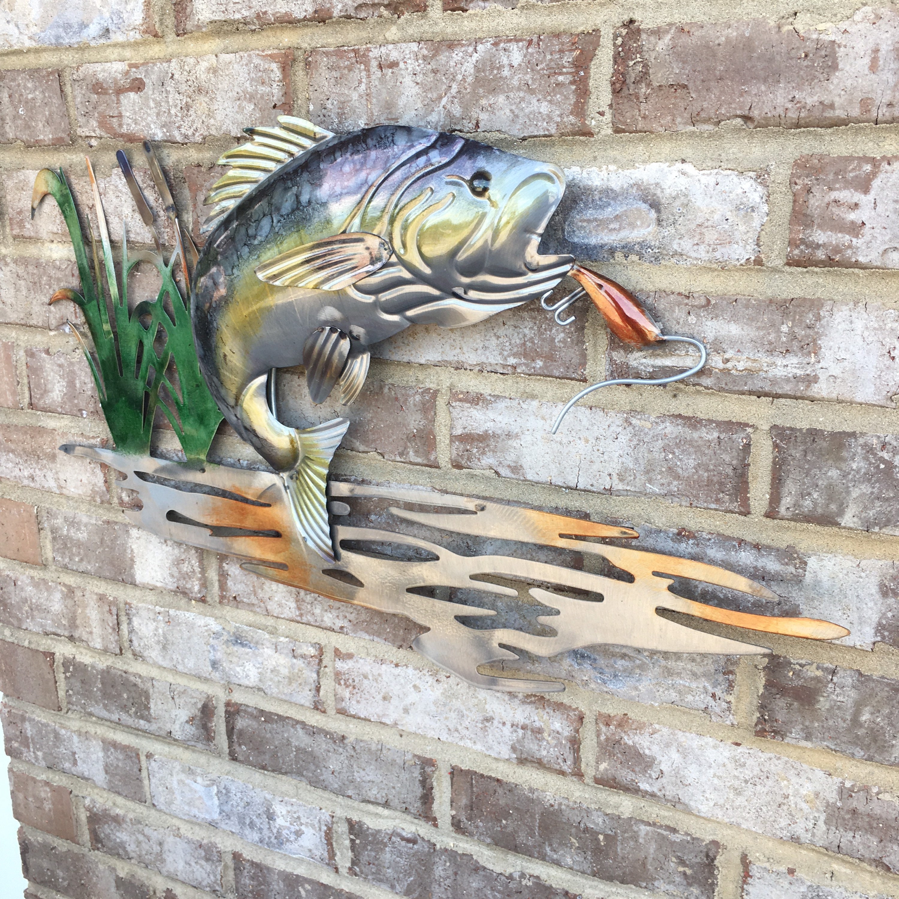3D Metal Bass Jumping Out of Water Sculpture Plaque Lake House