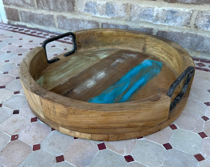 Large Round Wooden Tray W/ Iron Handles 15 Primitive Thick Reclaimed