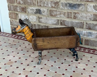 Rustic Primitive Metal Horse Farmhouse Decor Vintage Wooden Brick Mold Box Tray Planter Bowl Bucket Cute Pony