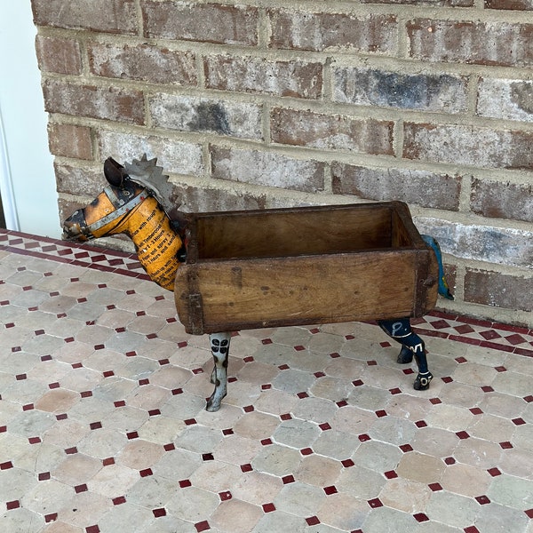 Rustic Primitive Metal Horse Farmhouse Decor Vintage Wooden Brick Mold Box Tray Planter Bowl Bucket Cute Pony