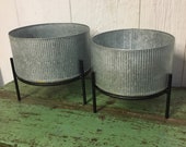 Set Of 2 Silver Galvanized Round Metal Planters On Stand Modern Farmhouse Industrial