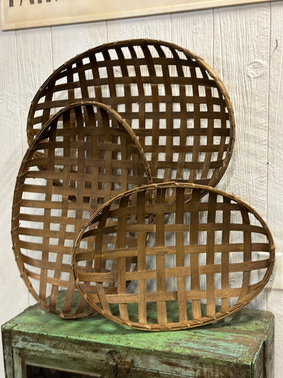 Set of 3 Antique Style Wicker Tobacco Baskets Rattan Rustic Modern  Farmhouse