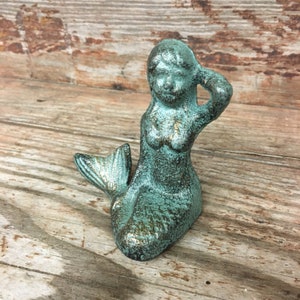3” Cast Iron Nautical Sitting Mermaid Figurine Mythical Statue Art Coastal Beach