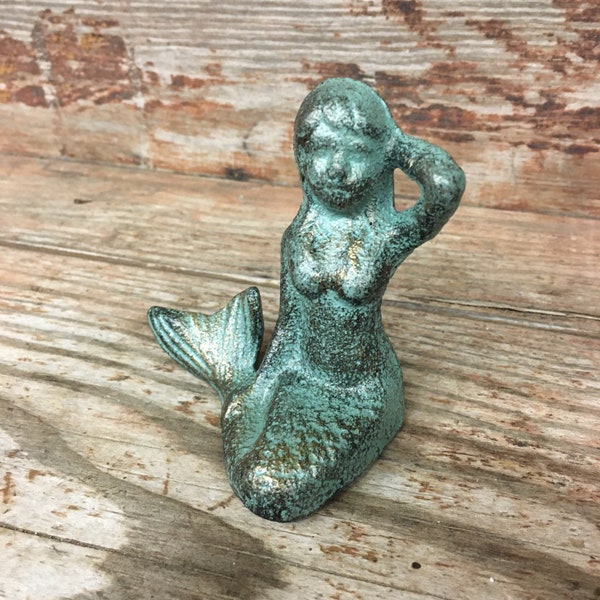 3” Cast Iron Nautical Sitting Mermaid Figurine Mythical Statue Art Coastal Beach