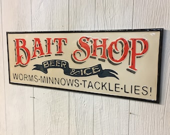 Large Metal Bait Shop Sign Beer Ice Tackle Minnows Rustic Worms Lake House  Enameled Style