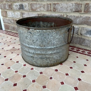 Primitive Style Antique Metal Well Bucket W/ Two Handles Planter Holder Farmhouse Display
