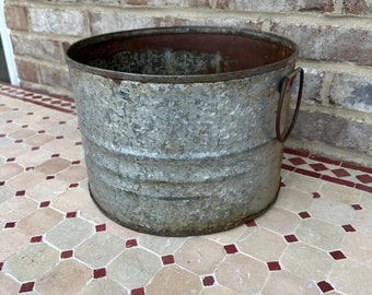 Primitive Style Antique Metal Well Bucket W/ Two Handles Planter Holder Farmhouse Display