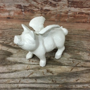 Small 4” Cast Iron White Flying Pig Statue Figurine Shelf Art Creature Hog Farm Antique Style