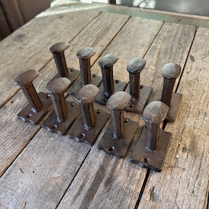 May include: Ten rustic brown metal hooks, resembling nails, are arranged in two rows on a weathered wooden surface. The hooks are all the same size and shape, with a rounded top and a pointed bottom.