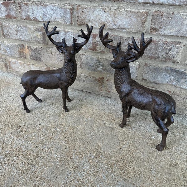 Pair Of Large 10” Heavy Cast Iron Deer Statues