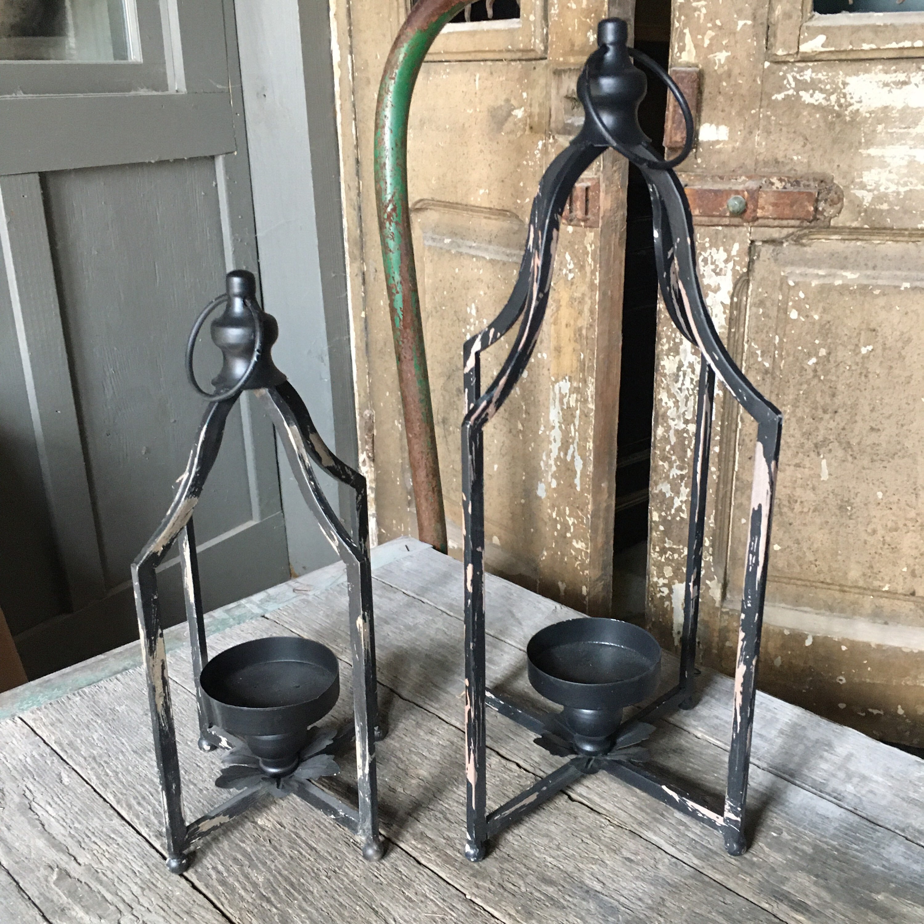 Set of 2 Rustic Metal Distressed Black Candle Holder Lanterns Farmhouse ...