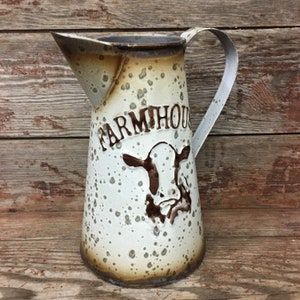 Distressed Metal Farmhouse Pitcher W/ Cow Vase Holder Rustic Home Decor Flower
