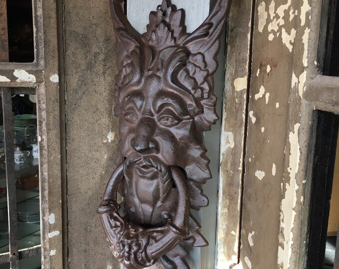 Large 10" Victorian Brown Cast Iron Old An Greenan Face Door Knocker