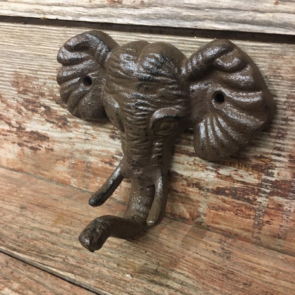 Cast Iron Elephant w/ Tusks Towel Hook Coat Rack keys Holder Entryway Exotic Unique African Asian