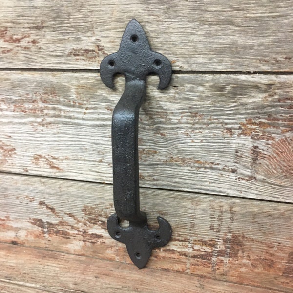 Large 12” Cast Iron Fleur De Lis Barn Door Handle Antique Style Fancy Wrought French