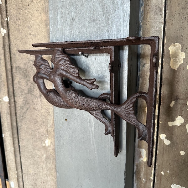 Set Of 2 Cast Iron Mermaid Brackets - Nautical Shelf Beach Decor