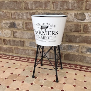 Metal 13” Tall Farmhouse Water Tower Style Bucket On Stand Holder Farm To Table Display Planter