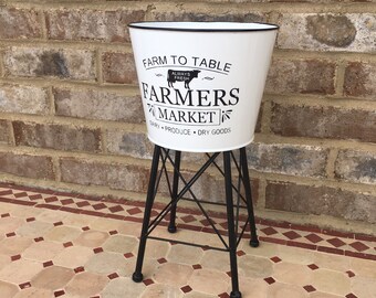 Metal 13” Tall Farmhouse Water Tower Style Bucket On Stand Holder Farm To Table Display Planter