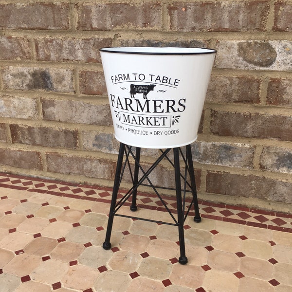 Metal 13” Tall Farmhouse Water Tower Style Bucket On Stand Holder Farm To Table Display Planter