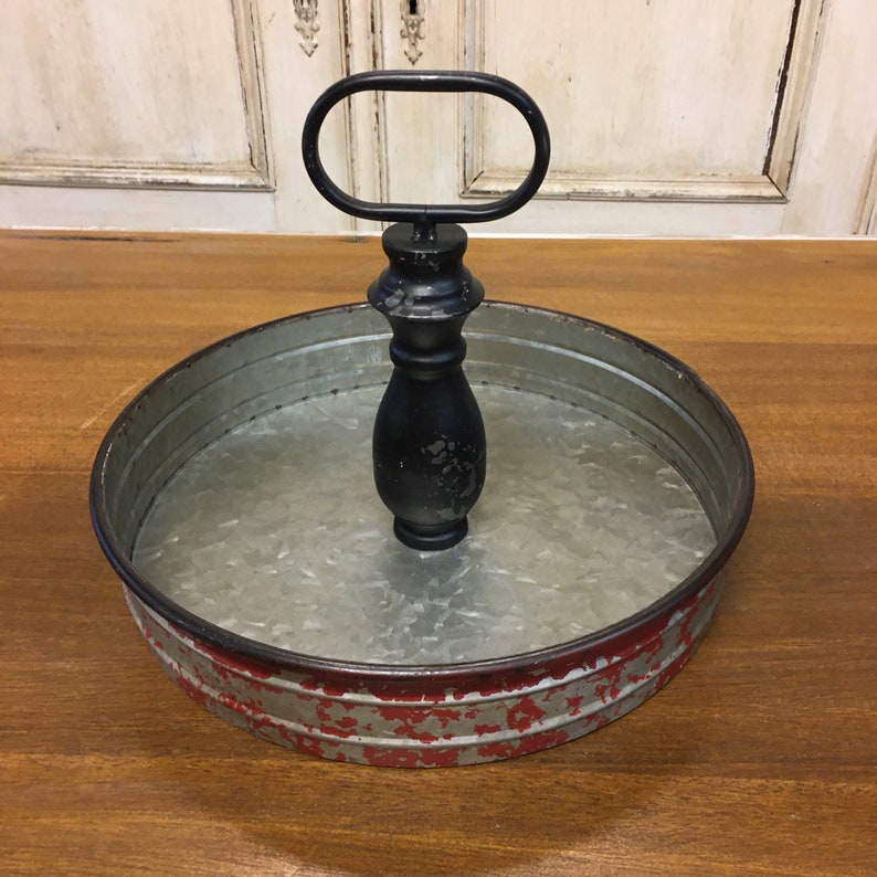 Rustic Round Galvanized Metal Tray W/ Center Handle Farmhouse Etsy