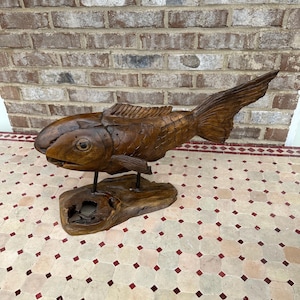 Large Hand-Carved Teak Wood Fish Statue Ocean Lake Nautical Sculpture