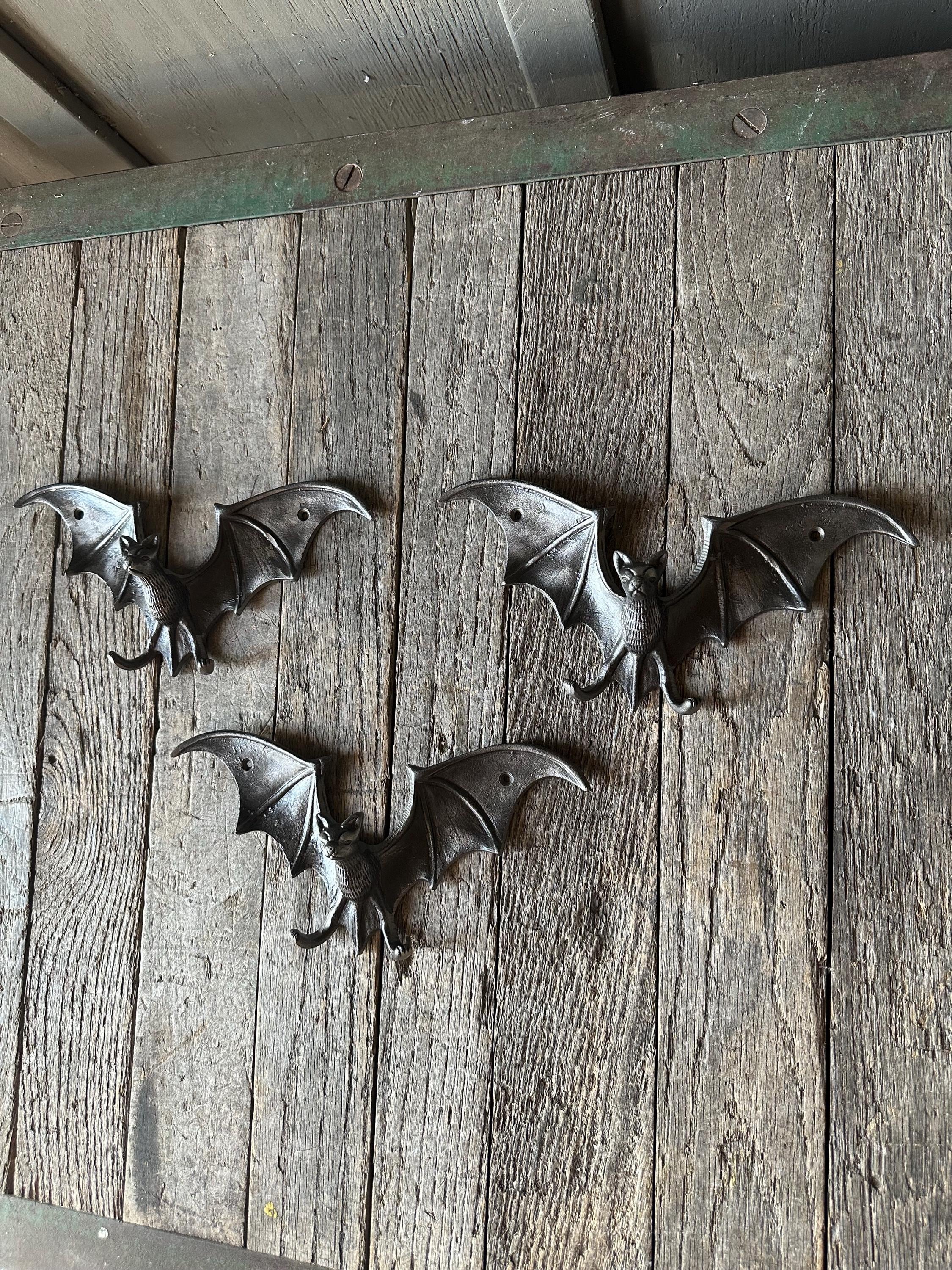Set Of 3 Large Cast Iron Bat Hanger Hooks Life-Size Spooky Gothic