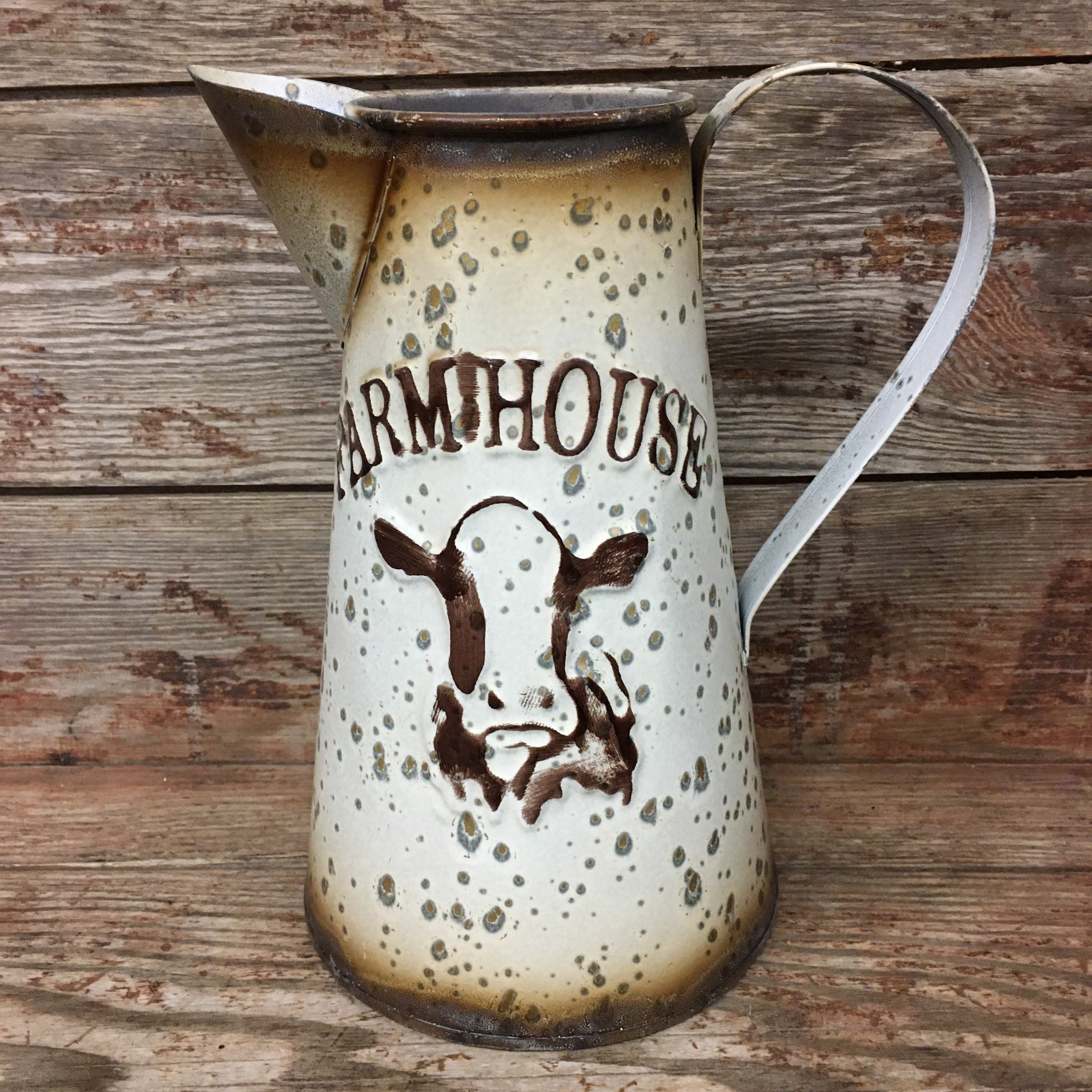 Distressed Metal Farmhouse Pitcher W/ Cow Vase Holder Rustic Etsy