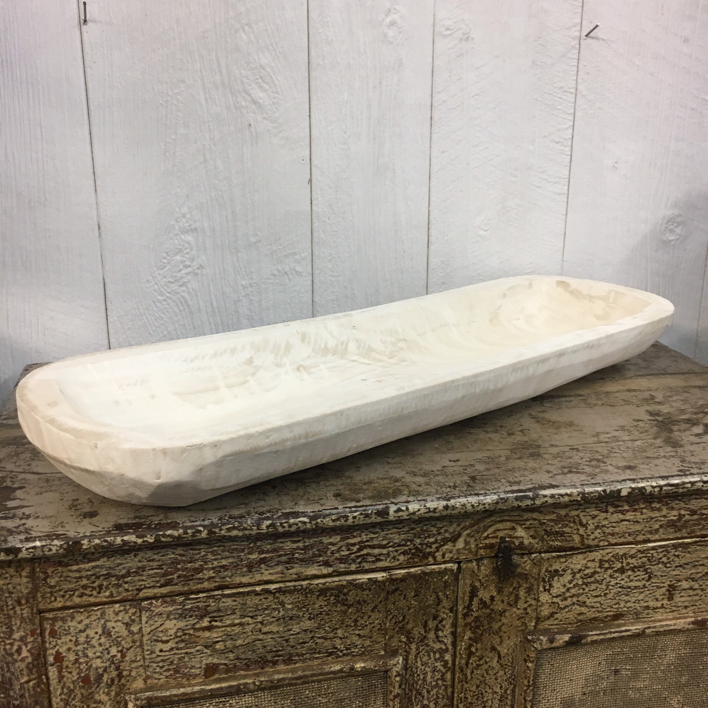 Large Long Skinny Carved Wooden Dough Bowl Trencher Centerpiece Tray 29