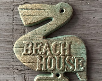 Cast Iron Pelican Shaped BEACH HOUSE plaque Entryway Doorway Art Bird Beach Nautical Coastal Decor