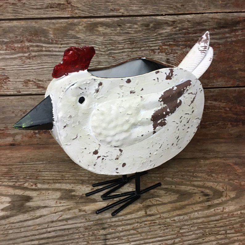 Cute Metal Chicken Planter Display Hen Chick Distressed White | Etsy