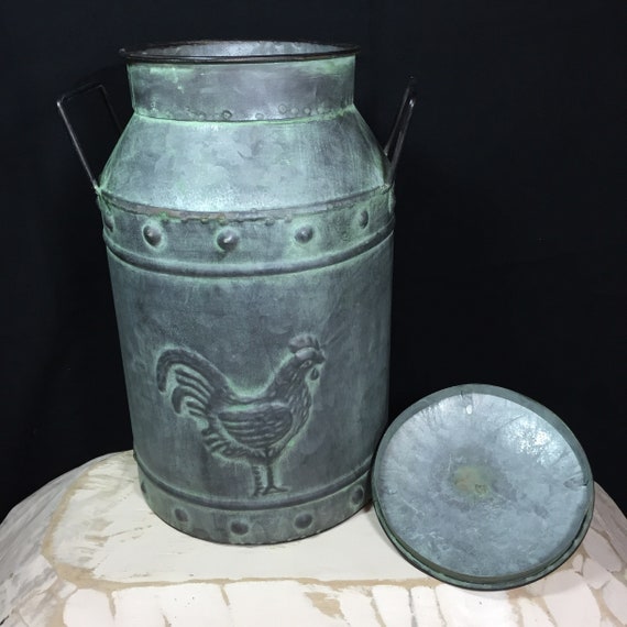 Metal Galvanized Milk Can W/ Lid Jug Rooster Farmhouse Shic Etsy