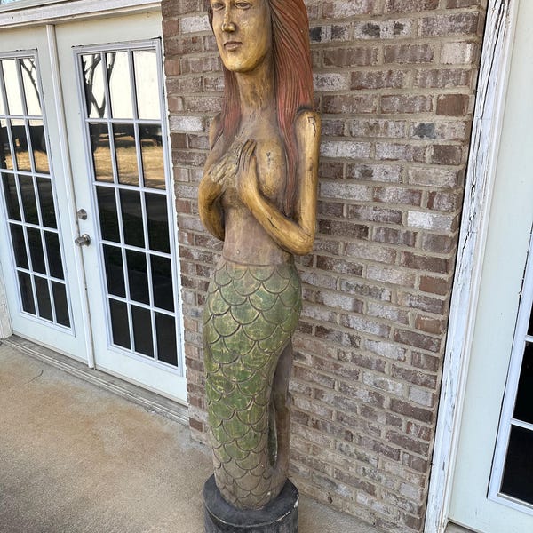 7 Ft Large Carved Wooden Mermaid Statue Mythical Siren Beach Nautical Coastal Art