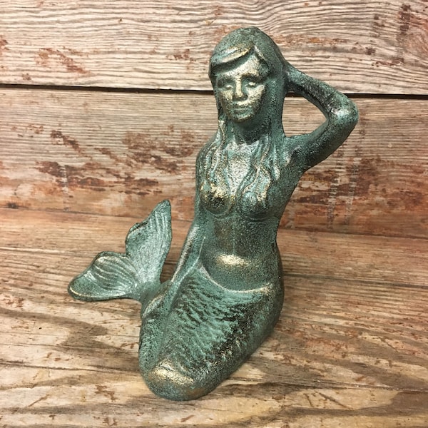 6” Cast Iron Nautical Sitting Mermaid Figurine Mythical Statue Art Coastal Beach