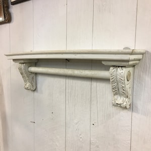 French Style White Washed Wooden Wall Shelf & Towel Holder Bar Display Victorian Style Hand-Carved Corbel Farmhouse