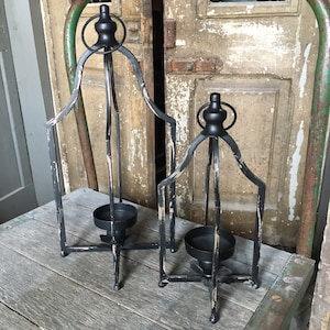 Set of 2 Rustic Metal Distressed Black Candle Holder Lanterns Farmhouse Pair