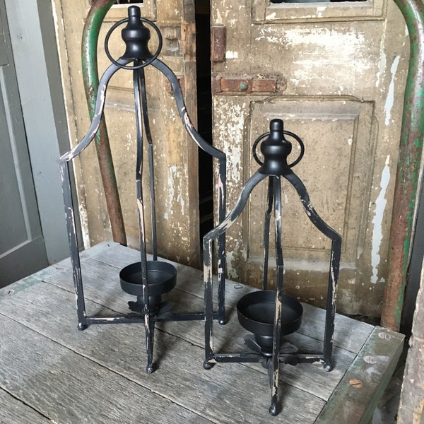 Set of 2 Rustic Metal Distressed Black Candle Holder Lanterns Farmhouse Pair