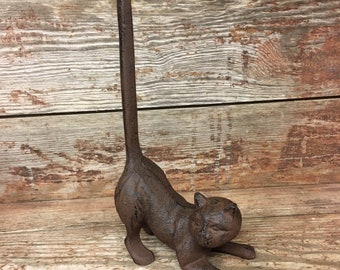 Cast Iron Cat Toilet Paper Roll Holder Stand Rack Rustic Bathroom Decor Playful