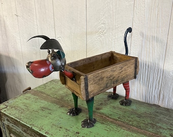 Rustic Primitive Metal Dog Farmhouse Decor Vintage Wooden Brick Mold Box Tray Planter Bowl Bucket Cute Puppy
